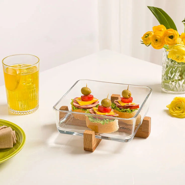 SnackEase Wooden X-Base Server with Glass Dish (2163) by Limon