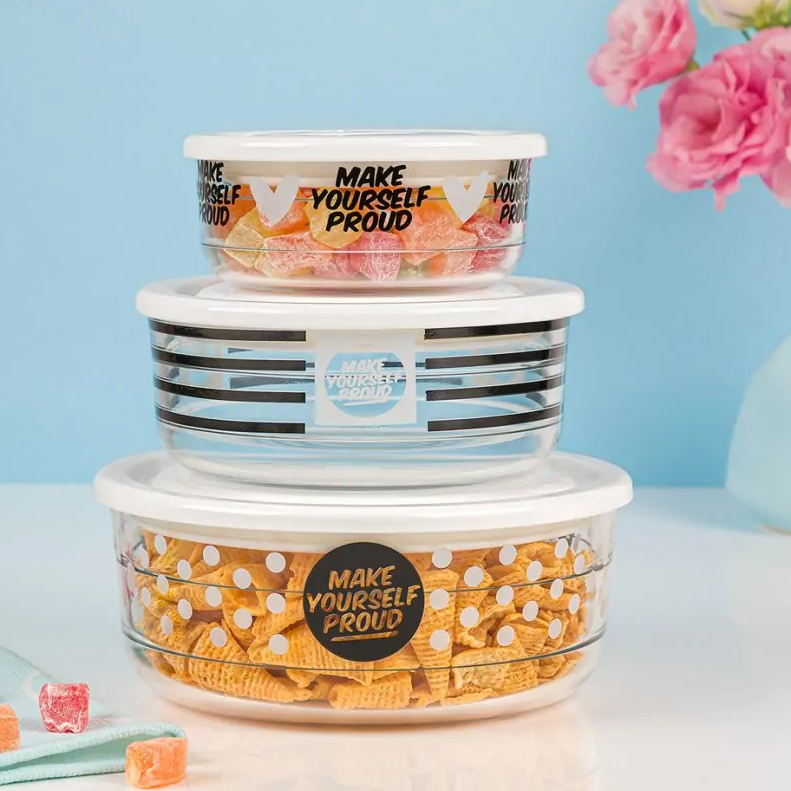 3-Pcs Printed Glass Bowl Set with Vented Lid (2074) by Limon Main image