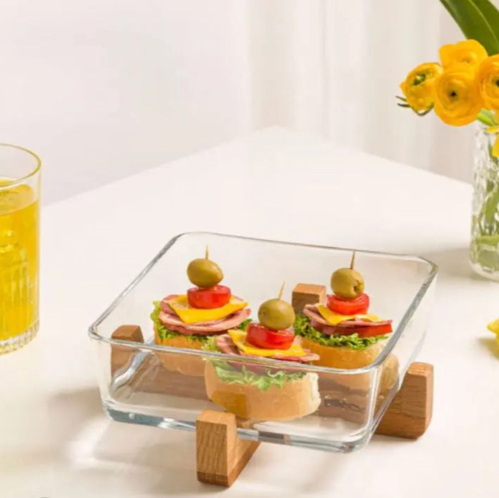 SnackEase Wooden X-Base Server with Glass Dish (2163) by Limon