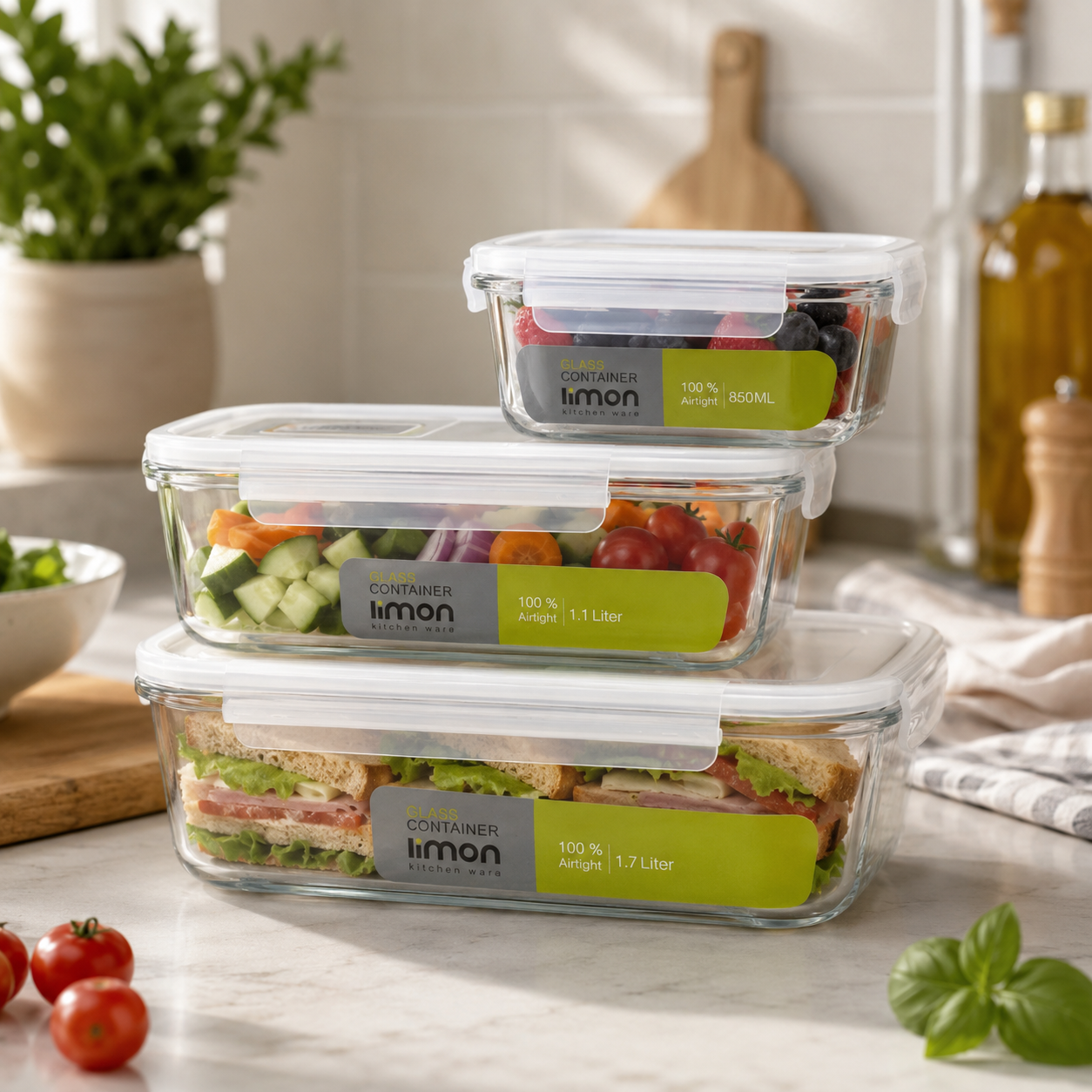 3‑Pcs Premium Rectangle Glass Storage Set with Lids (1806) by Limon Main image