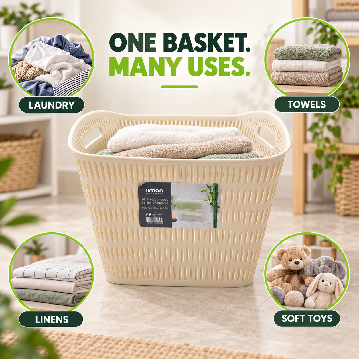 Handled Bamboo-Style Laundry Basket (1394) by Limon Secondary image