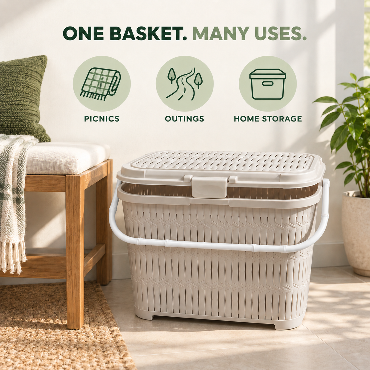 Bamboo-Style Covered Picnic Basket with Carry Handle (1548) by Limon