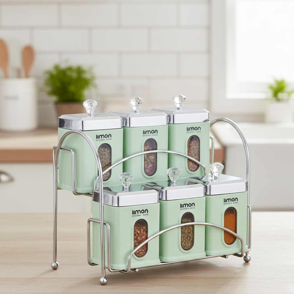 Elegant 6-Piece Airtight Spice Jar Rack with Spoons (1971) by Limon