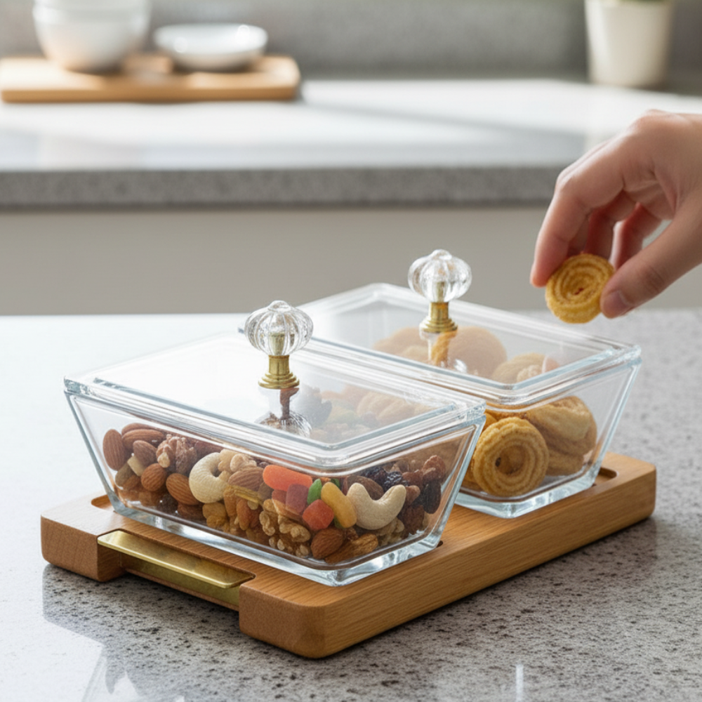 DuoDelight Wooden Base Server with Covered Dishes by Limon