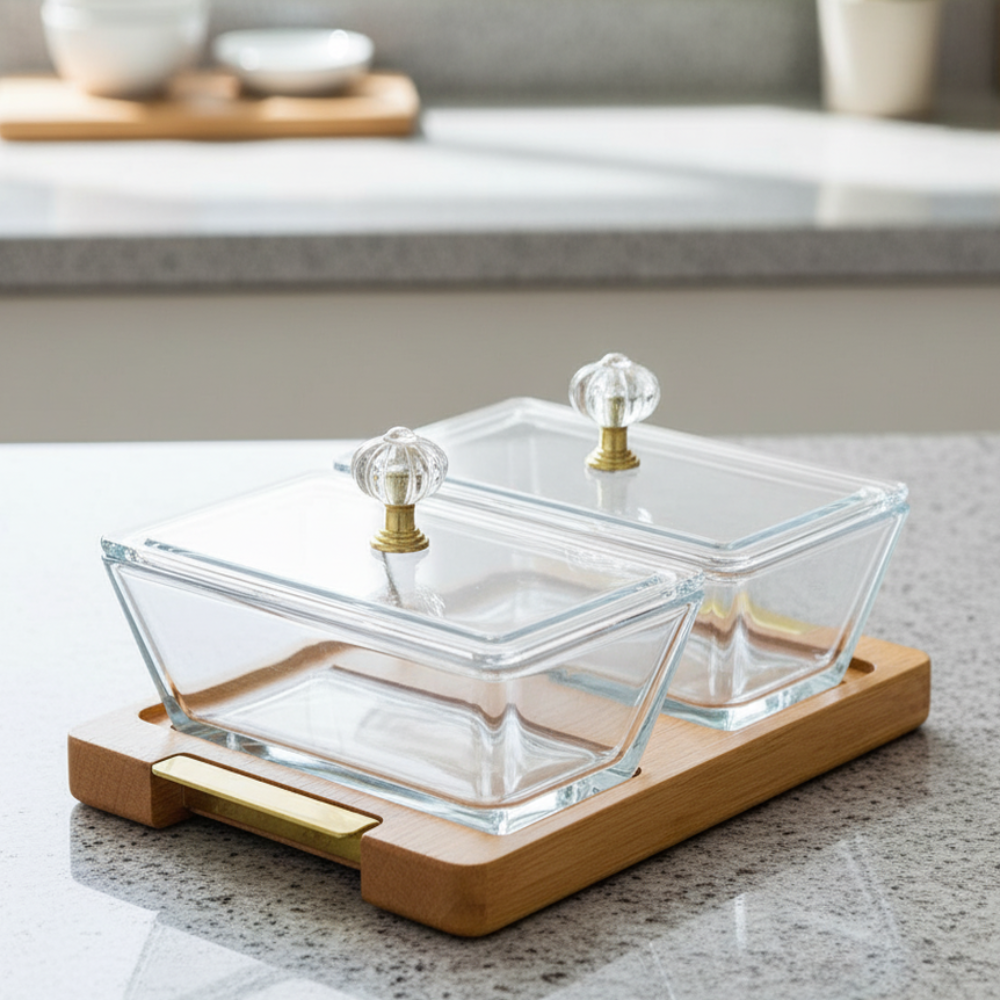 DuoDelight Wooden Base Server with Covered Dishes by Limon